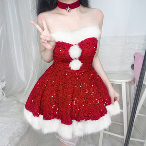 Christmas Costume Set Women Strapless <b>Sequined</b> Dress With Fur Trim Sexy Party Outfit <b>Red</b> White - Product Image 2