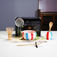Accessoires et outils durables pour le matcha, bols en céramique peints à rayures colorées, fouet à matcha, coffret cadeau avec bec verseur