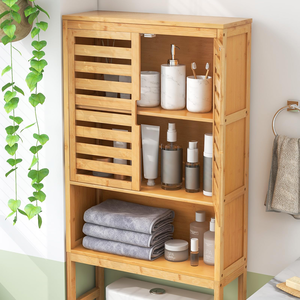 Bamboo Storage Cabinet for Bathroom and <b>Laundry</b> Room Adjustable Toilet Shelf <b>Stand</b> Space-Saving Organizer with Cupboard - Product Image 4