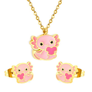 Conjunto de collar y pendientes de acero inoxidable con diseño de pequeño monstruo para mujer, regalo, joyería, estilo de dibujos animados, color rosa - Product Image 4