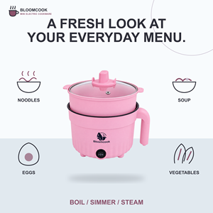 Olla Eléctrica Mini Vaporera Bloomcook Rosa con Tapa de Vidrio Templado, Control Mecánico, 1.8L, Eficiencia Energética, Ideal para Fideos - Product Image 1