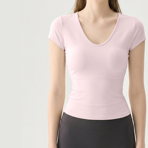 Haut de yoga à manches courtes à séchage rapide pour sports d'été, col rond, coupe ajustée, respirant, pour l'entraînement, la course, le fitness, les activités de plein air, blanc pour femme - Product Image 3