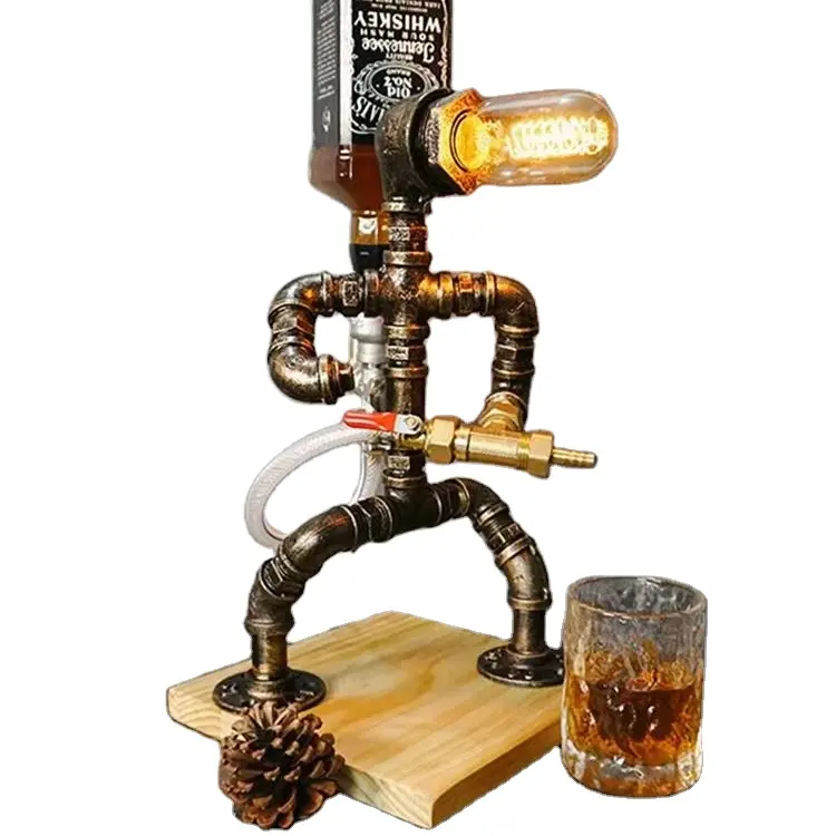 Robot Style Antique Steampunk Metal Water Pipe Desk Table Lamp for Office, Reading Kids Room, Cafe Bar