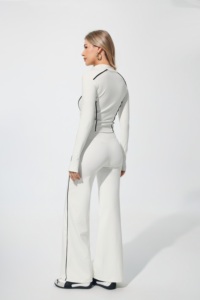Set Yoga da Donna 2 Pezzi Bianco con Pantaloni Lunghi, Chiusura a Cerniera, Bordatura a Contrasto, Elasticizzato, Tinta Unita, Vita Alta - Product Image 2