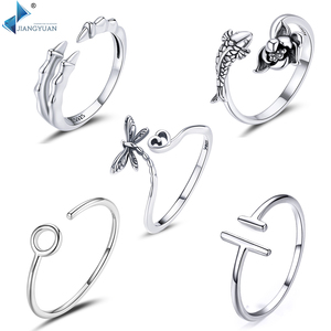 Bague ouverte ajustable en argent sterling 925, style vintage, oxydée, motif griffe de dragon, <span class=keywords><strong>poisson</strong></span> koi, libellule, géométrique minimaliste, unisexe, vente en gros - Product Image 1