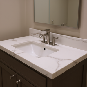 Plan de toilette en pierre frittée Montary Carrara Gold avec rebord latéral, design moderne - Product Image 2