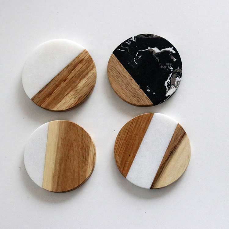 marble and acacia wood coaster