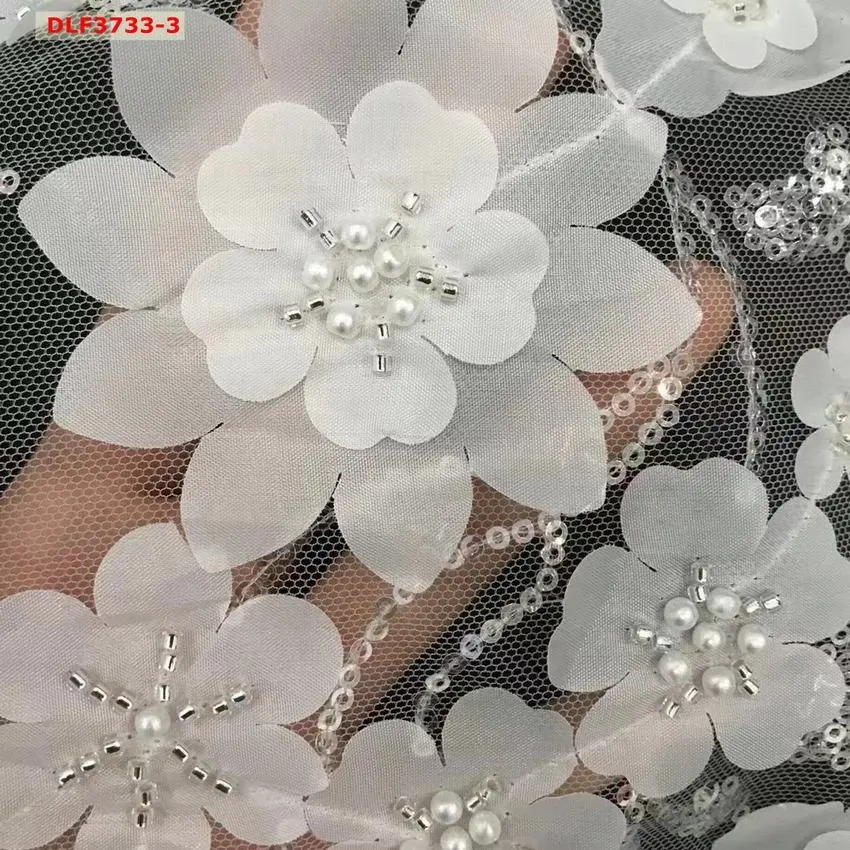 New elegant 3d flowers embroidery fabric with sequin pearls, beautiful fabric for wedding dress