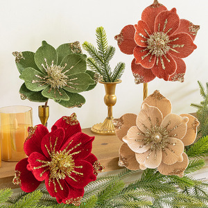 Decoración Navideña, Flor de Magnolia de Terciopelo de 20 cm, Decoración Navideña con Flores, Tela Adhesiva con Purpurina - Product Image 2