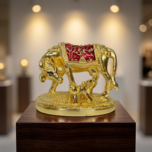 <b>Gold</b> Plated Surabhi Gau Mata with Nandini Calf <b>Statue</b> Hindu Temple Decor Spiritual Gift Wedding Return Gift - Product Image 3