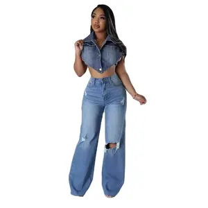 1736 Fashion Casual High Waist Ripped Wide Leg Denim Jeans Quick Dry Pencil Pants Cotton Polyester Skinny Fit Colored Zipper