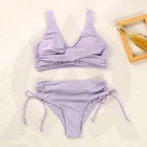 Ensemble de maillot de bain deux pièces pour femme, tricoté, séchage rapide, soutien-gorge push-up uni, bas de maillot de bain string, asymétrique à une épaule - Product Image 2
