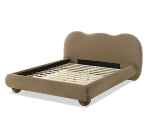 Lit Queen Size Marron 1 pièce avec Pieds Ronds en Bois et Revêtement Bouclé – Mobilier de Chambre - Product Image 6