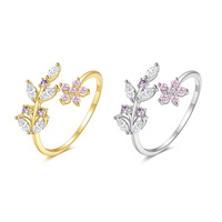 Bague ajustable empilable en argent sterling S925 non ternissant avec zircon, motif feuilles et fleurs, idéale pour la Saint-Valentin pour les couples