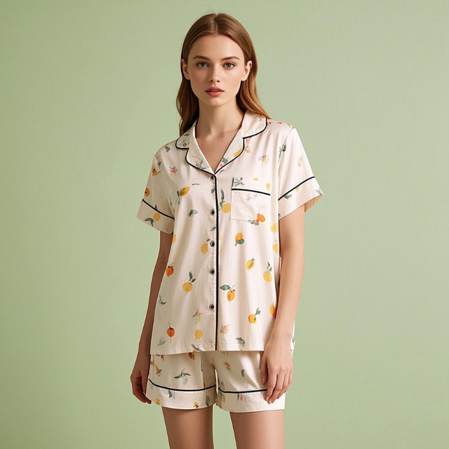 Summer Bamboo Fruit Print Women's Pajama Set Short Sleeve Pijamas Femme Custom Sleepwear for Woman Cotton Pajamas