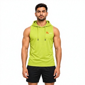 Camiseta sin mangas con capucha para hombre, color verde lima, de secado rápido, poliéster, deportiva, con logo impreso en la parte delantera, transpirable. - Product Image 1