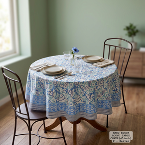 Ethnic Hand Block Printed Round <b>Table</b> <b>Cover</b> 45inch Cotton Linen Floral Design Washable Traditional Chinese Style - Product Image 2
