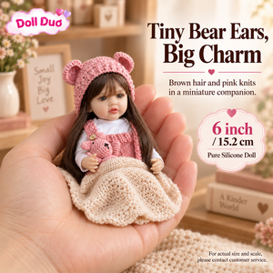 Muñeca de silicona de cuerpo completo de 6 pulgadas, modelo Doll Duo Custom, Betty, pelo castaño, gorro de oso rosa, regalo de Navidad personalizado para niños - Product Image 1