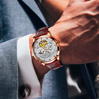 Montre mécanique automatique Glenaw Luxury Classic pour homme, squelette gravé, tourbillon, phase de lune, bracelet en cuir, cadran en verre
