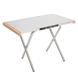 Aluminum Folding Outdoor <b>Table</b> with Birch Wood Edges Rectangular Cross Base Minimalist Design for Picnic <b>BBQ</b> Use - Product Image 1