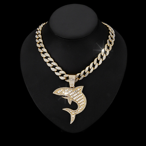 Wholesale 15mm Cuban Link Chain Hip Hop Shark Pendant Bling Rhinestone Zinc Chain <b>Chokers</b> Necklace - Product Image 3