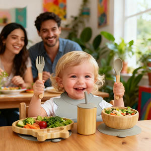 Gobelets en bambou <span class=keywords><strong>anti</strong></span>-<span class=keywords><strong>fuite</strong></span> avec couvercles en silicone et pailles, bavoir pliable antidérapant, assiettes en bambou en forme d'animaux, ustensiles pour tout-petits - Product Image 6