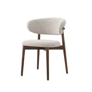 Silla de comedor de madera nórdica moderna, tela de peluche blanca, pata de madera, respaldo curvo para café, sillas de comedor Boucle