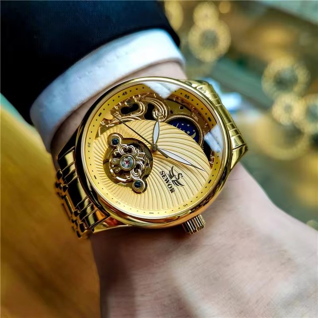 SEWOR 1923-3 Men Watch Skeleton Automatic Mechanical Gold Skeleton Man Wristwatch Top Luxury Sport Watches for Men