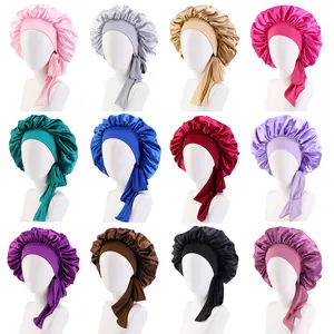 स्टॉक में हेयर बोनट जंबो साइज स्लीपिंग के लिए साटन बोनट स्ट्रेची टाई बैंड महिलाओं के लिए लंबे घुंघराले ब्रैड बाल