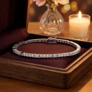 Pulsera de tenis de oro natural con diamantes, piedras redondas y baguette alternadas, joyería fina de lujo, pulsera clásica de oro amarillo. - Product Image 1