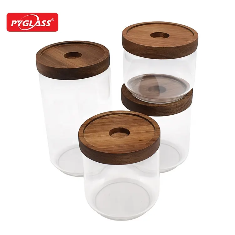 OEM Airtight Glass Kitchen Canisters with Acacia Wooden Lids Glass Food Storage Container Jar