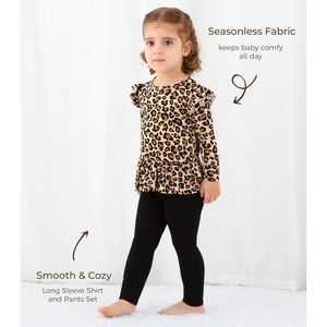 Conjunto de Ropa para Bebés Niñas al por Mayor, Top de Manga Larga con Estampado de Leopardo y Volantes, con Pantalones Negros, Ropa Transpirable de Algodón y Fibra de Bambú - Product Image 5
