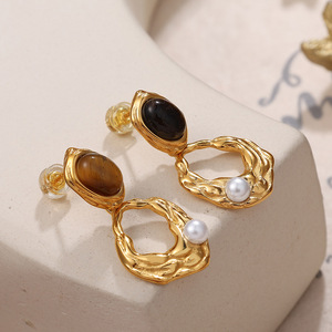 Pendientes de Oro con Ojo de Tigre, Diseño Irregular, Engaste de Bisel, para Uso Diario - Product Image 2