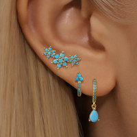 Perhiasan Wanita Grosir Perak Sterling 925 Set Anting Hoop Bunga Hijau Turquoise untuk Anak Perempuan