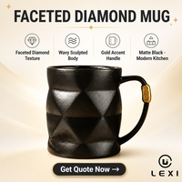 Mug à café en céramique texturé effet diamant, noir mat, corps ondulé sculpté avec anse dorée, tasse de cuisine moderne pour le bureau
