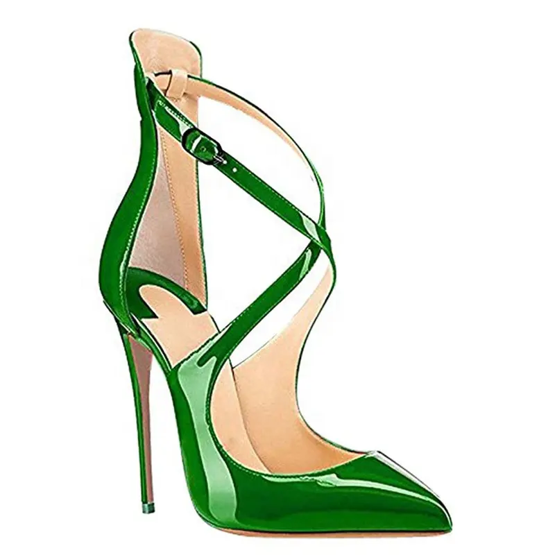 Custom 12cm Women High Heel Shoes Black Green Thick Cross Strap Sexy Pointed Toe Ladies High Heels Pumps