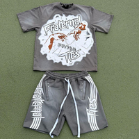 Set Kaos Pria Bermotif Acid Wash dan Celana Pendek Berhias Berlian Imitasi, Bahan Katun Sedang, 2 Potong, Dapat Disesuaikan, Setelan Olahraga Unisex
