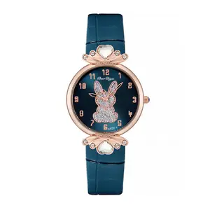 Pink Diamond Rabbit Bunny Heart Design Women Fashion Watch Retro Ladies Quartz Wristwatches With Number Female Leather Clock