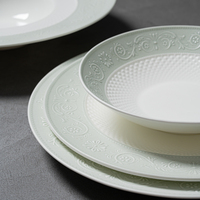 Assiettes de table haut de gamme en porcelaine fine vert menthe, motif floral en relief, personnalisables pour hôtels et restaurants (vente en gros)