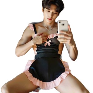 Sexy lingerie, male servant apron set, sexy uniform, plus size men's crossdressing CD, pure desire waiter, bell delivery. - Product Image 5