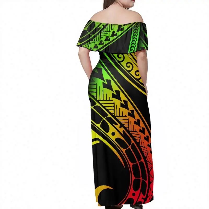 New Desgin Polynesian Reggae Tribal Đen Pattern Tầng Length Không Tay Đêm Phụ Nữ Ăn Mặc Maxi Phụ Nữ Kích Thước Cộng Với Tắt Shoulder