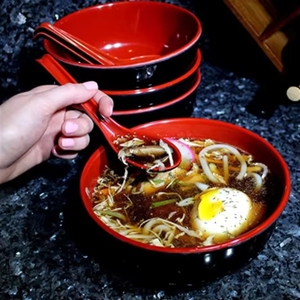 Bol à pâtes et à soupe Miso de grande capacité, 4 pièces, avec cuillères - Couleurs rouge et noir - 40 onces - Product Image 4