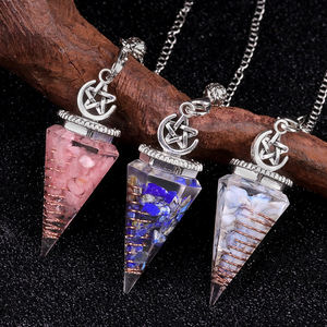 Cône hexagonal en résine argentée antique avec chaîne métallique courte, pierre précieuse naturelle en agate, divination Feng Shui - Product Image 5