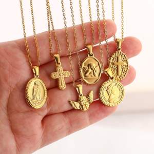 Collier vintage en acier inoxydable avec pièce de monnaie ronde, ange vierge, croix, couleur or 18 carats, bijoux à chaîne, vente en gros de cadeaux pour femmes - Product Image 3