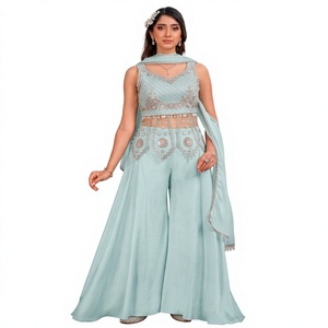 <b>Light</b> Blue Embroidered Sleeveless Crop Top With Palazzo Pants And Dupatta Women's Traditional Wedding Wear Set Loose Fit - Product Image 1