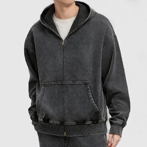 Streetwear Men Cotton Denim Zip Spring Custom Logo Vintage Oversized Solid <b>Black</b> Wash Sun Faded Distressed Breathable - Product Image 2