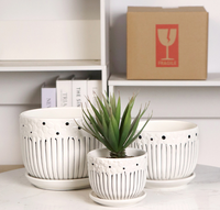 Lot de 3 pots de fleurs en porcelaine texturée à rayures verticales, avec soucoupes, écologiques, pour intérieur domestique - Vente chaude