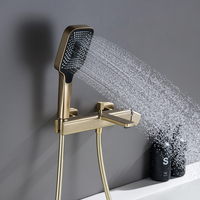 Ensemble de douche et baignoire 2 fonctions en laiton doré brossé, avec pommeau de douche pluie et douchette à main, mitigeur mural pour salle de bain