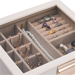 Boîte à bijoux en cuir portable à 3 couches, avec logo personnalisé, petite, ronde, blanche, en velours, pour voyage, avec tiroir de rangement en cuir noir - Product Image 4