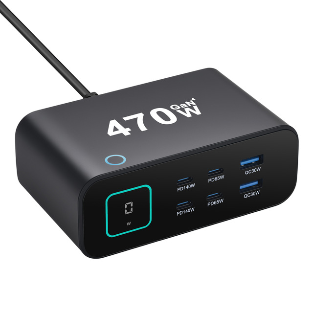 470W GaN USB C Charger Station with TFT Screen Digital Display PD 140W Fast Charging Desktop Charger for Mobile Phone Laptop